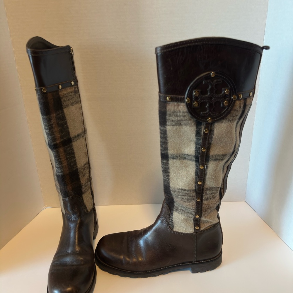 Tory Burch Colleen Wool Plaid Melton Tall Riding Boots